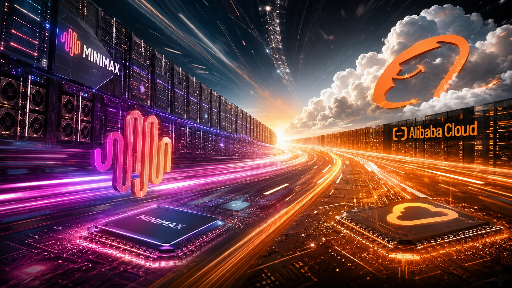 Conceptual illustration shows chips, servers, and light trails with visual references to MiniMax and Alibaba Cloud, symbolizing the competition for infrastructure and computing capacity for artificial intelligence.