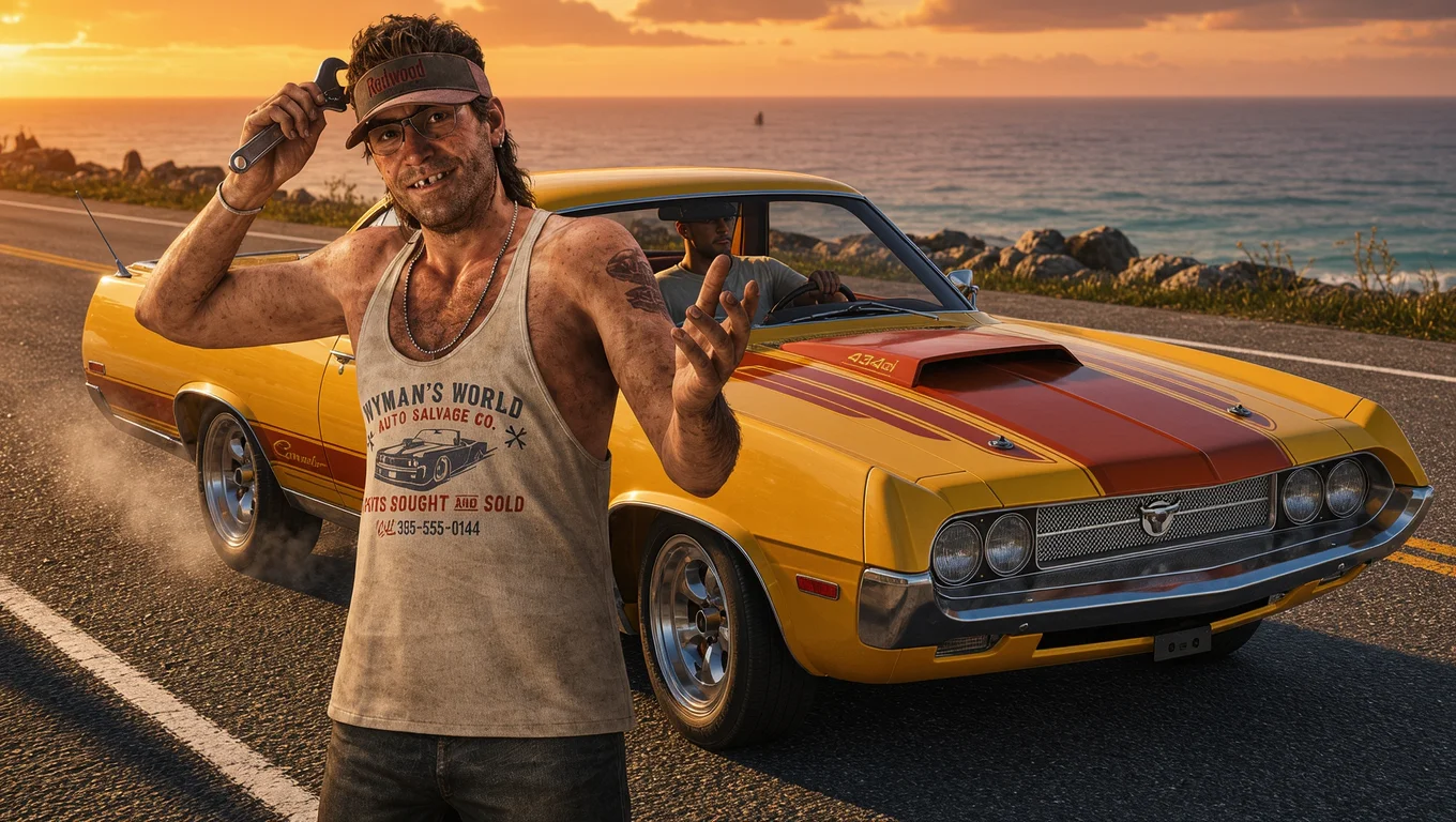 Man wearing a cap and tank top standing in front of a classic yellow and red sports car parked on a seaside road, with another man in the driver's seat and a sunset in the background.