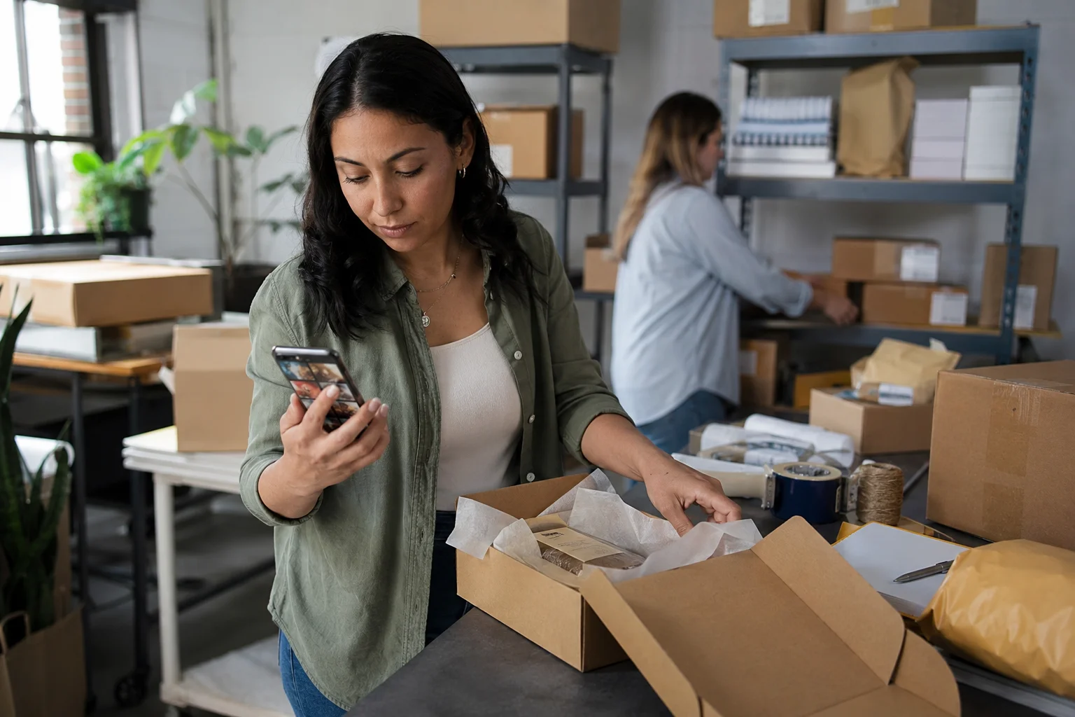 Small business owner checks orders on her smartphone while preparing a shipment in a stock and shipping space.