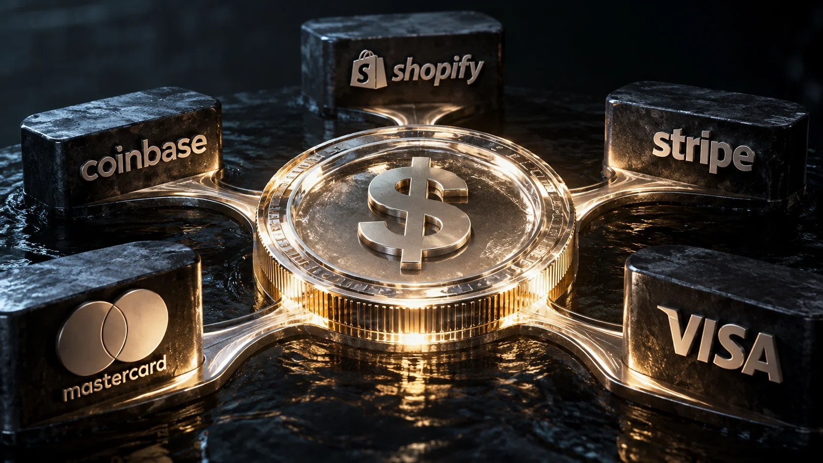 OUSD at the center connected to Coinbase, Mastercard, Shopify, Stripe and Visa.