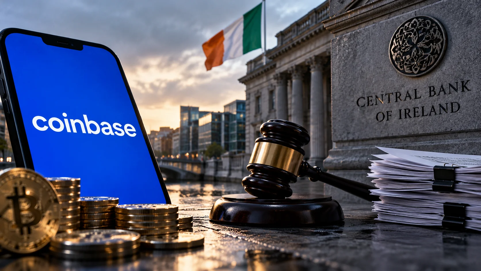 Composición editorial con el logotipo de Coinbase, monedas de Bitcoin y el Banco Central de Irlanda al fondo.
