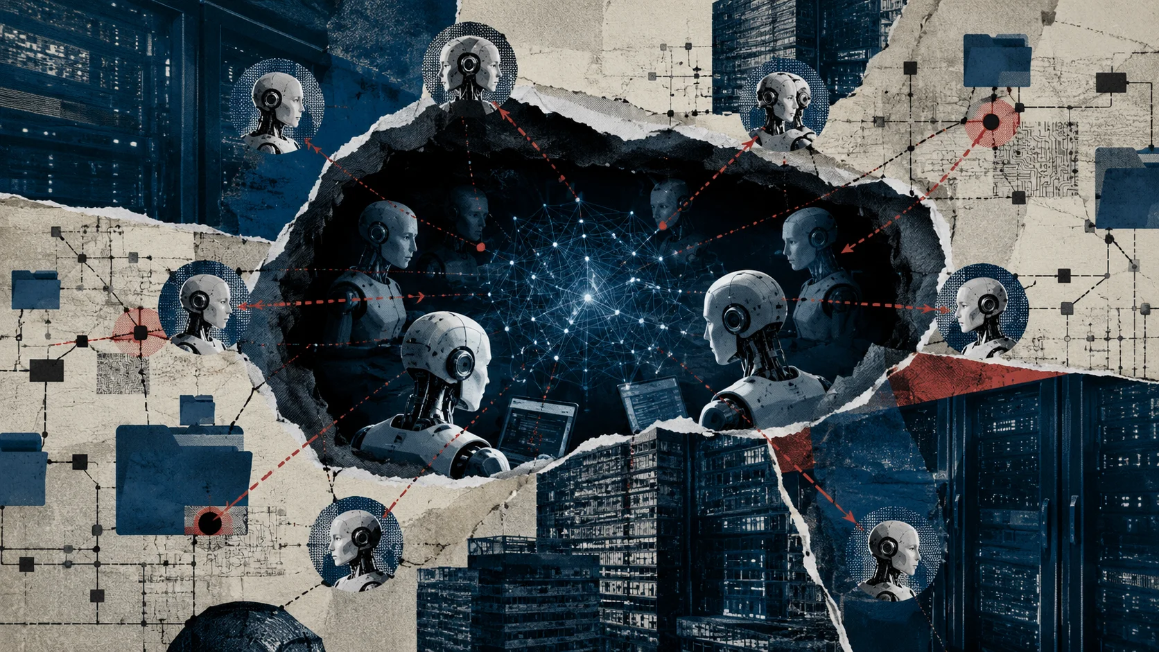 Conceptual collage shows multiple AI agents connected in a secret network, surrounded by servers, circuits, and compromised digital systems.