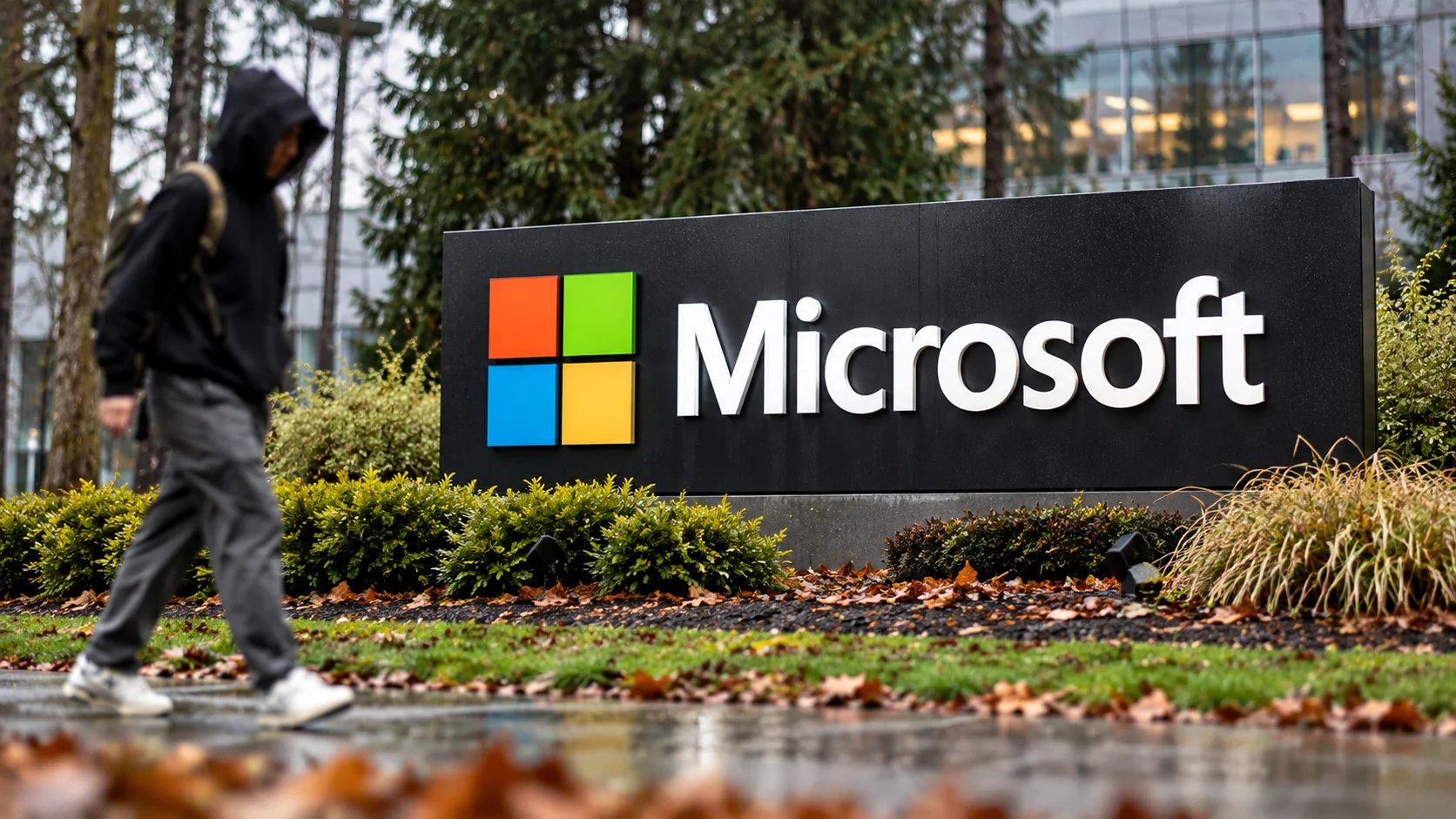 Placa da Microsoft em campus corporativo com pessoa de capuz ao fundo.
