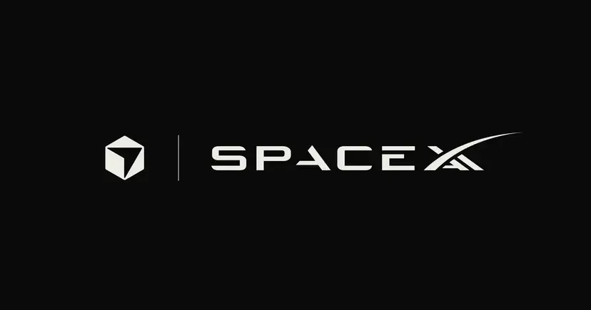 White SpaceX logo on black background, accompanied by a geometric symbol on the left.