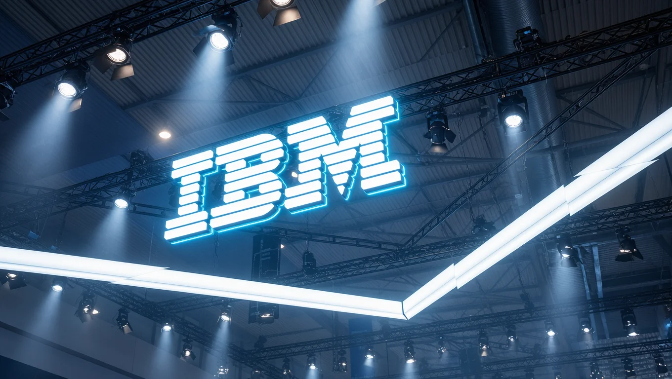 The illuminated IBM logo suspended on a metal structure at an event, with spotlights and blue lighting around.