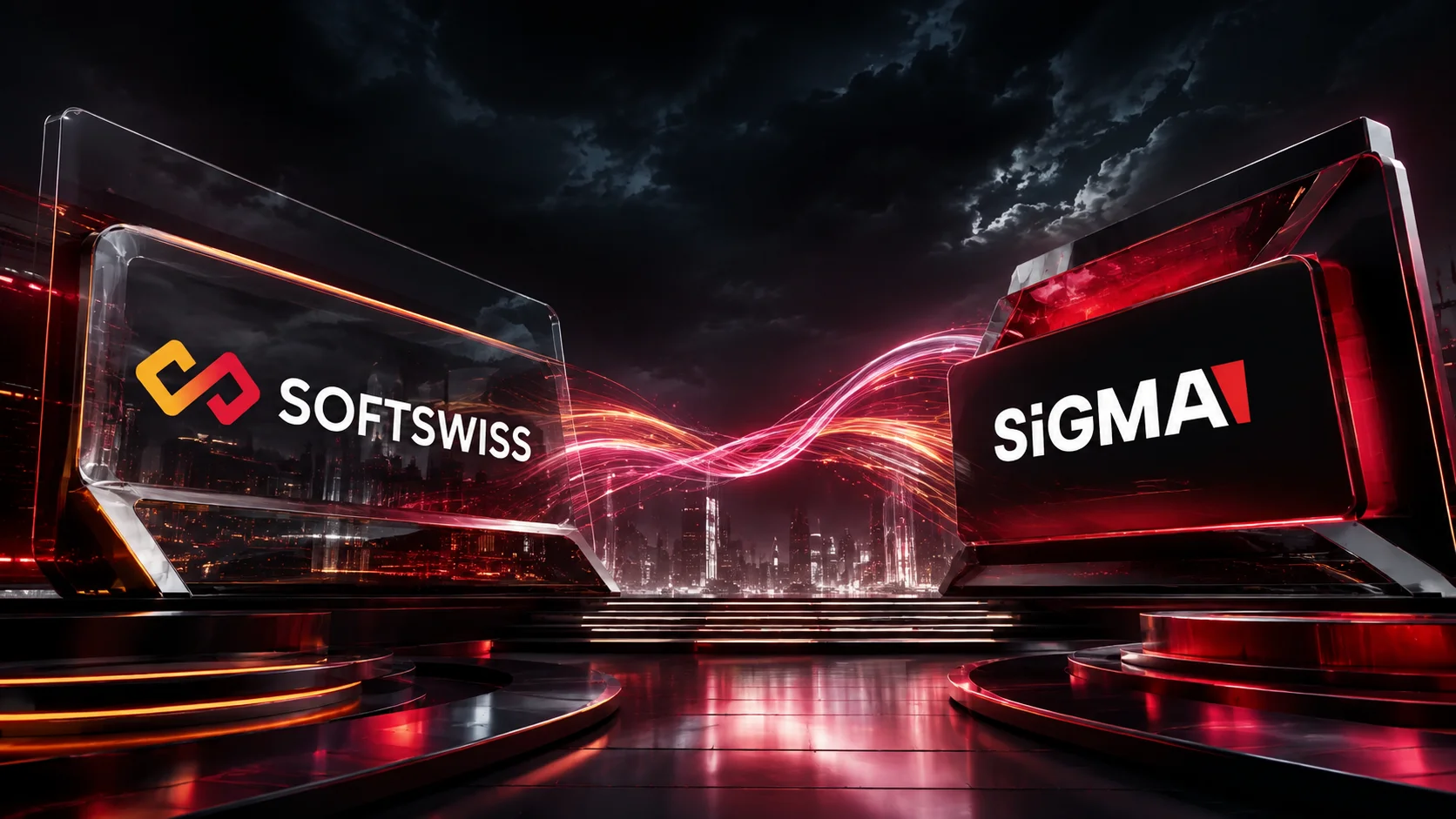 Logos of SOFTSWISS and SiGMA on futuristic structures connected by red and orange light beams in a technological environment.