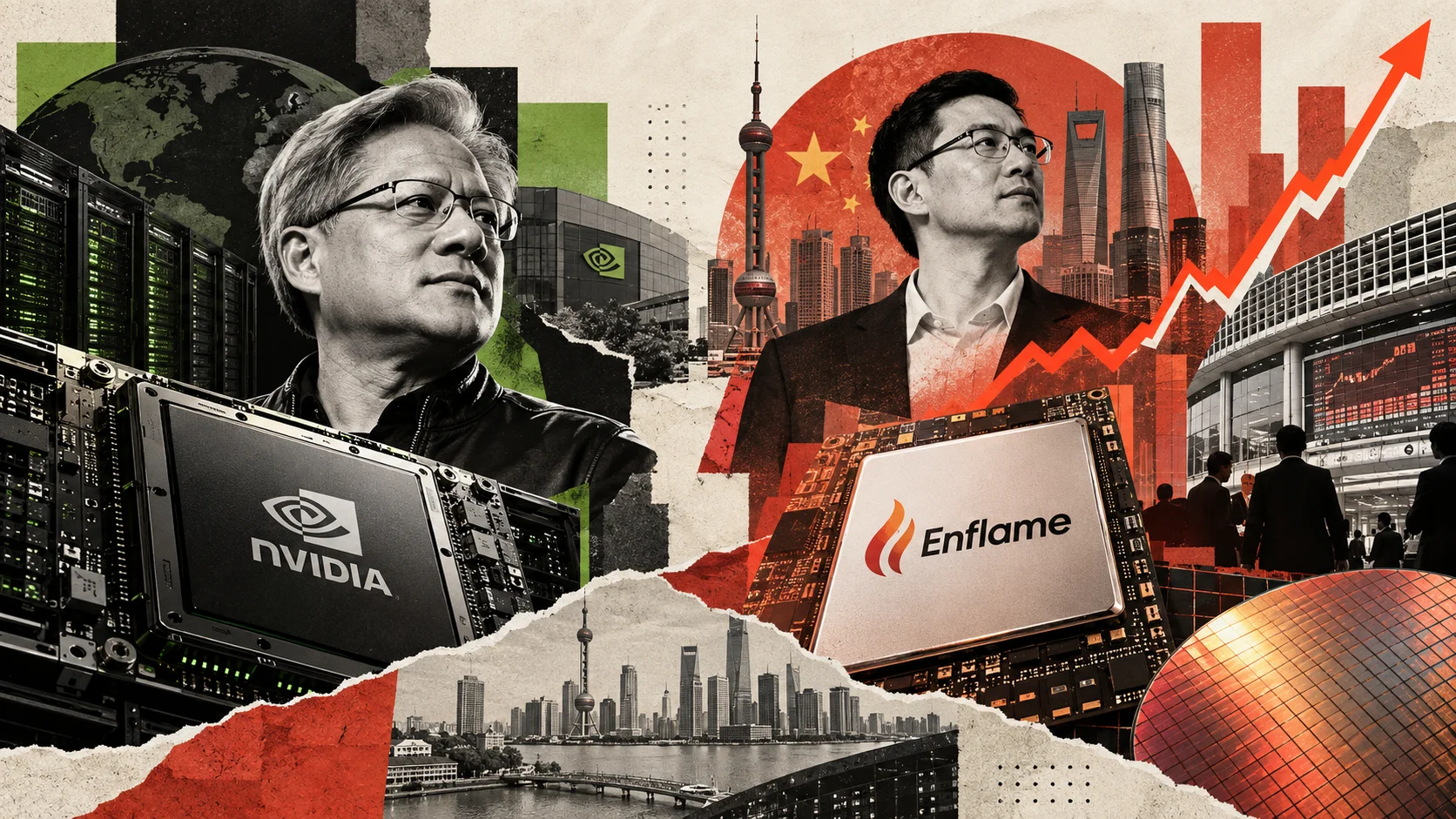 Editorial collage shows Nvidia and Enflame on opposite sides, with AI chips, servers, the Shanghai skyline and a rally chart representing the Chinese company's market debut.