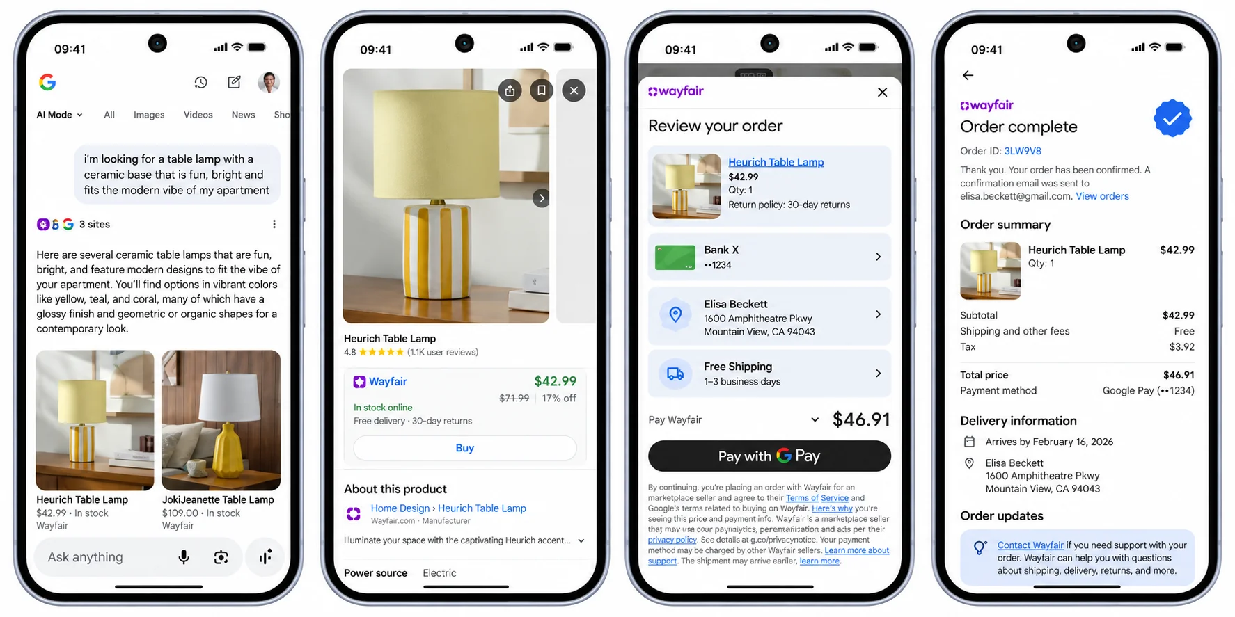 Purchase flow in AI Mode shows discovery, checkout and payment without leaving Google's interface.