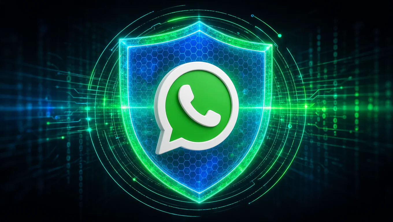 WhatsApp logo over a digital shield illuminated in green and blue, representing security and data protection on the platform.