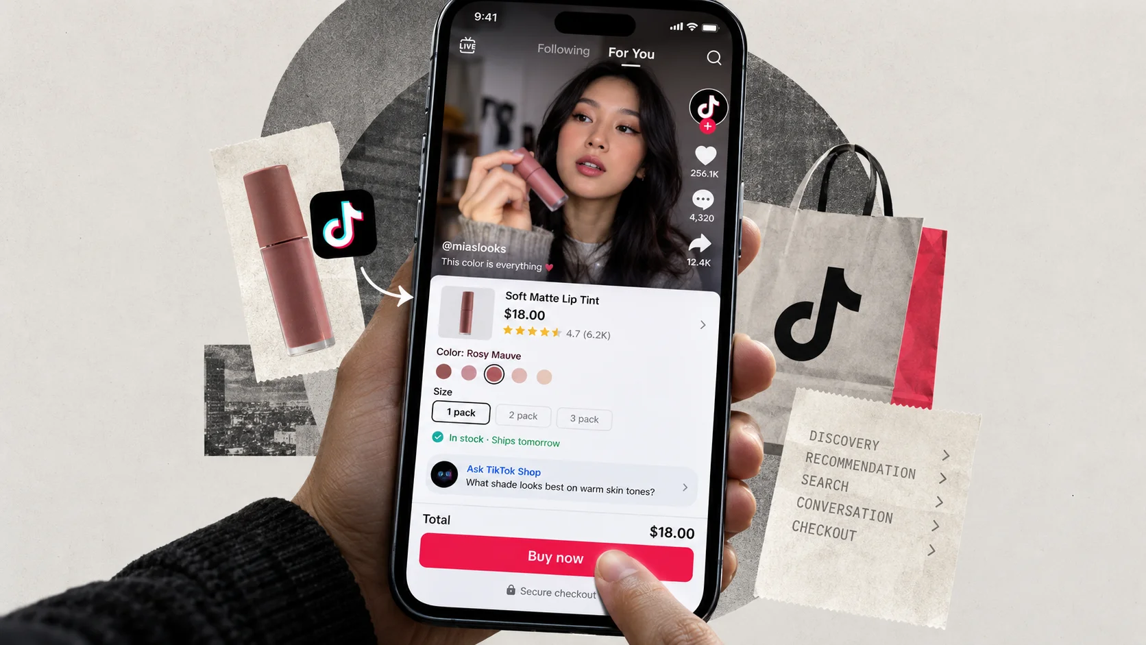 Smartphone com interface do TikTok integrando vídeo, produto e botão de compra em uma colagem editorial.
