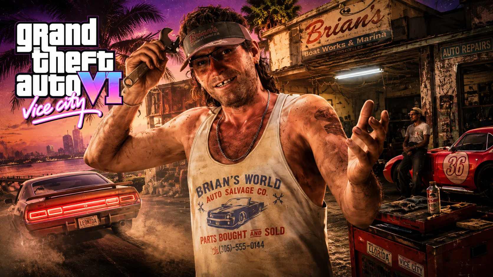 Mechanic holding a wrench in the foreground, in front of a Vice City workshop, with sports cars, palm trees, and sunset lighting inspired by the GTA 6 universe.