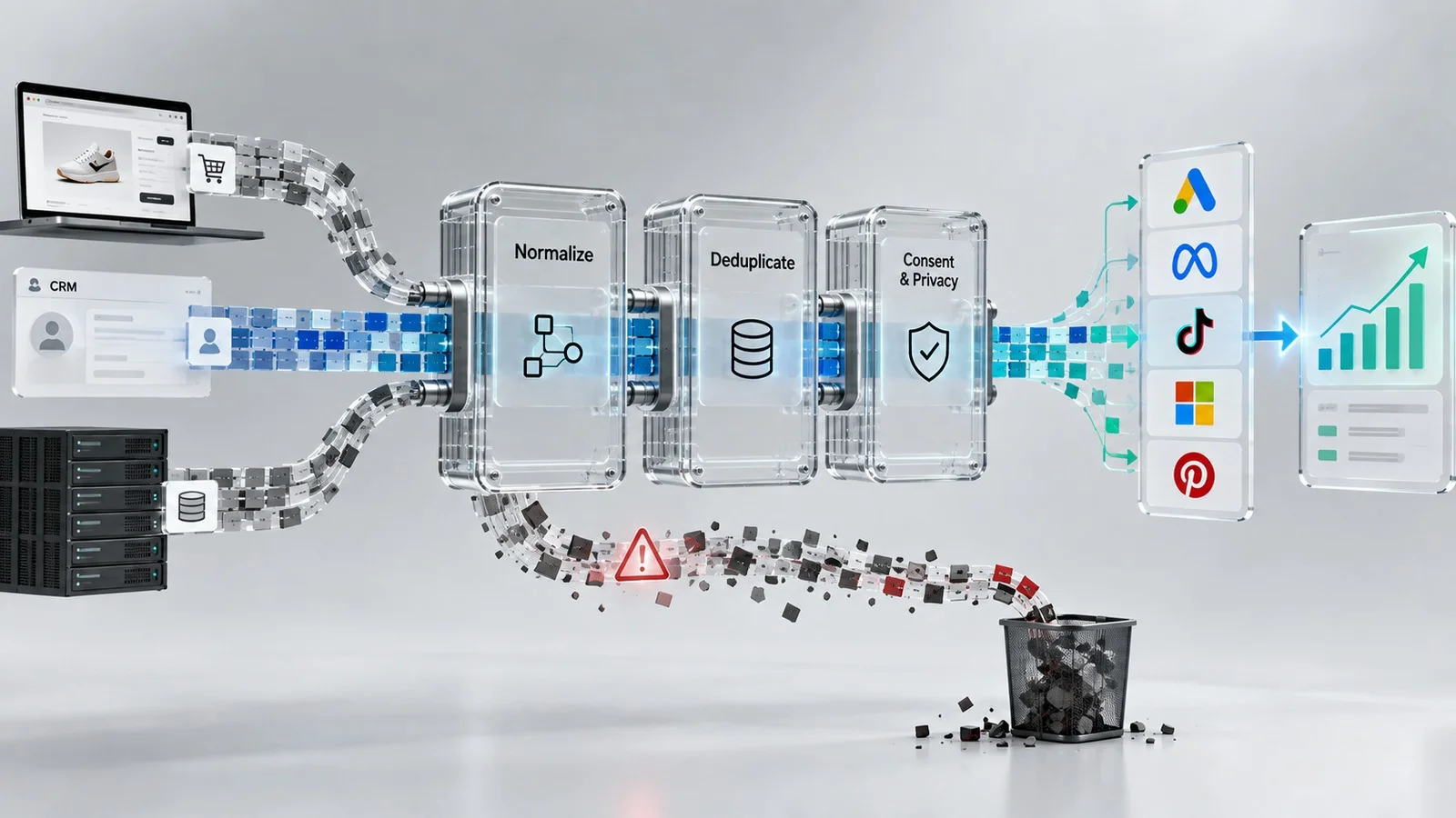 Conversion data flowing from customer systems into advertising platforms.