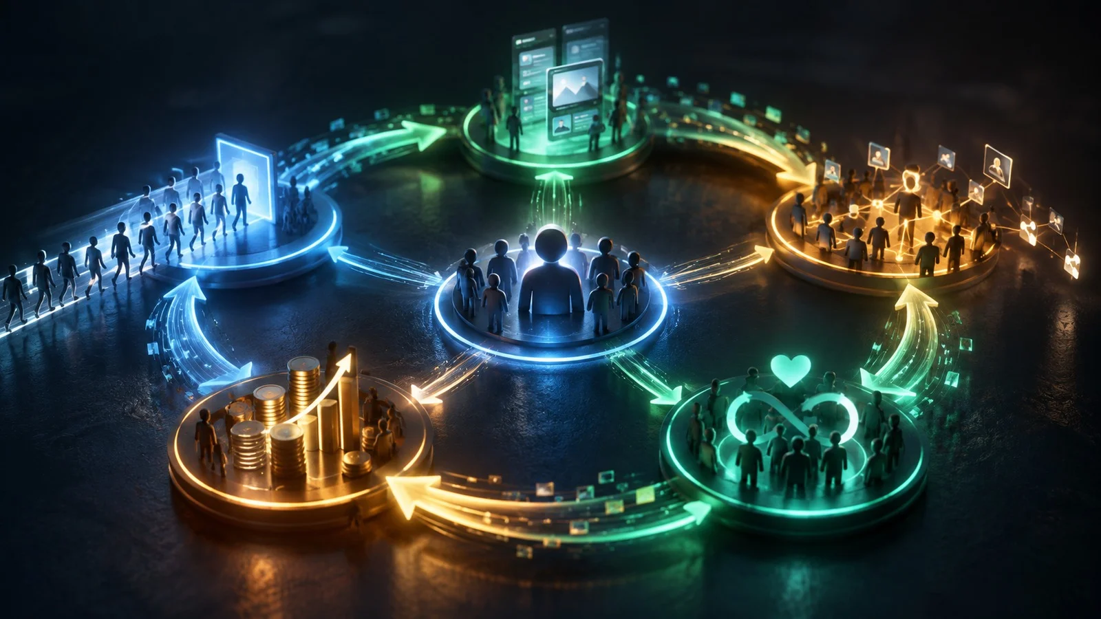 Interconnected acquisition, content, referral and revenue nodes forming a continuous growth loop.
