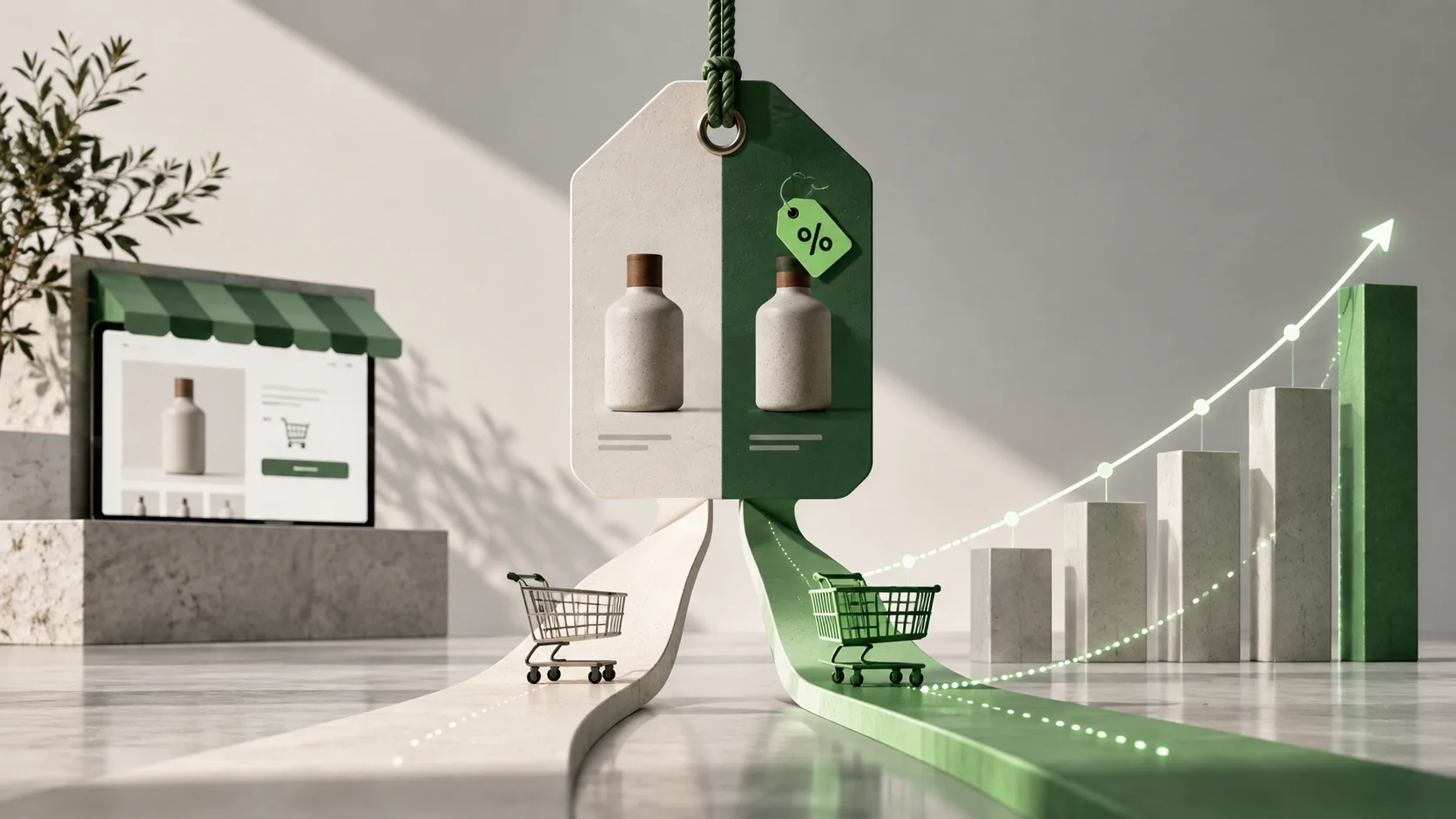 A/B test of Shopify discounts with carts and a conversion chart.