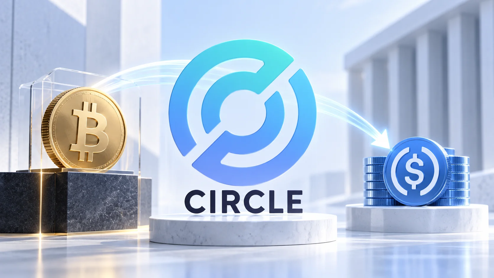 Ilustración conceptual muestra el símbolo de Circle al centro, con Bitcoin a la izquierda y monedas de USDC a la derecha, representando préstamos respaldados por BTC.