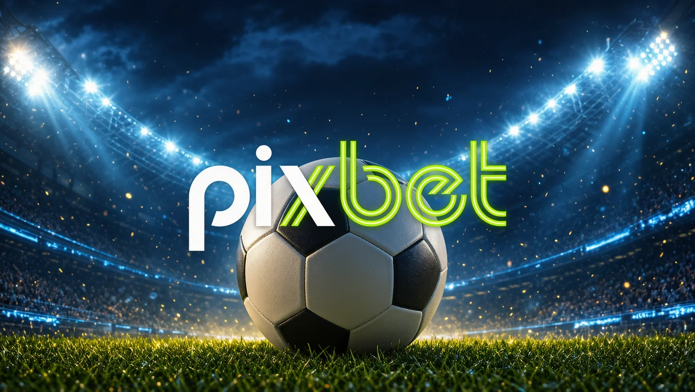 Pixbet logo over a soccer ball on a field, with a lit stadium in the background.