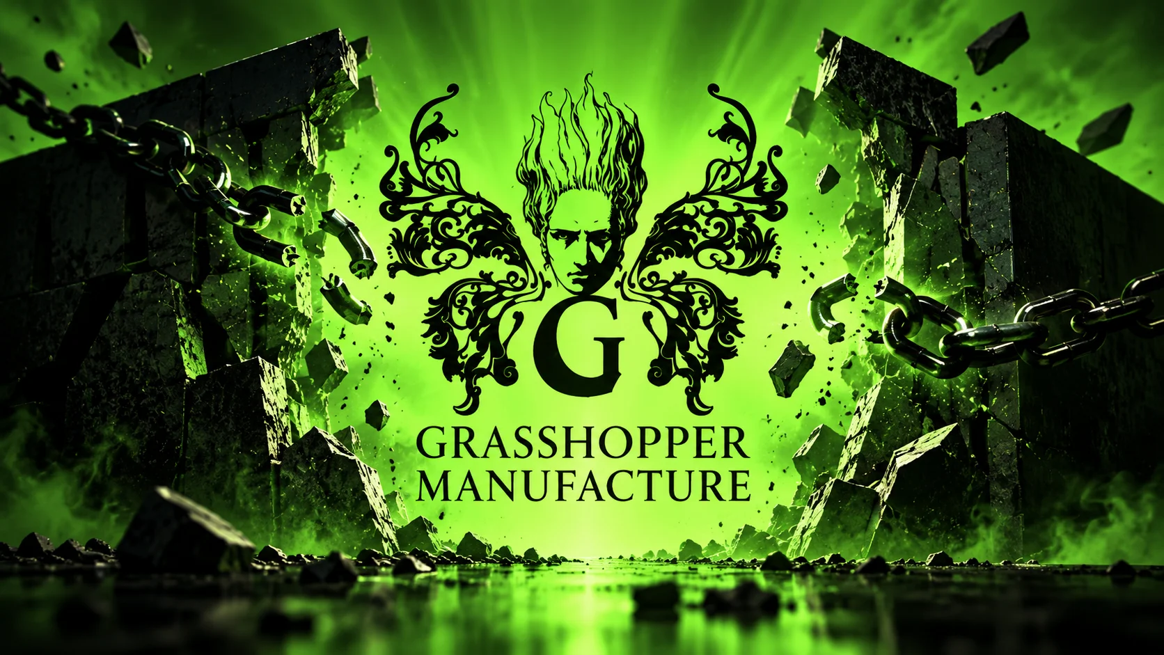 Logotipo de Grasshopper Manufacture entre cadenas rotas, simbolizando el regreso a la independencia.