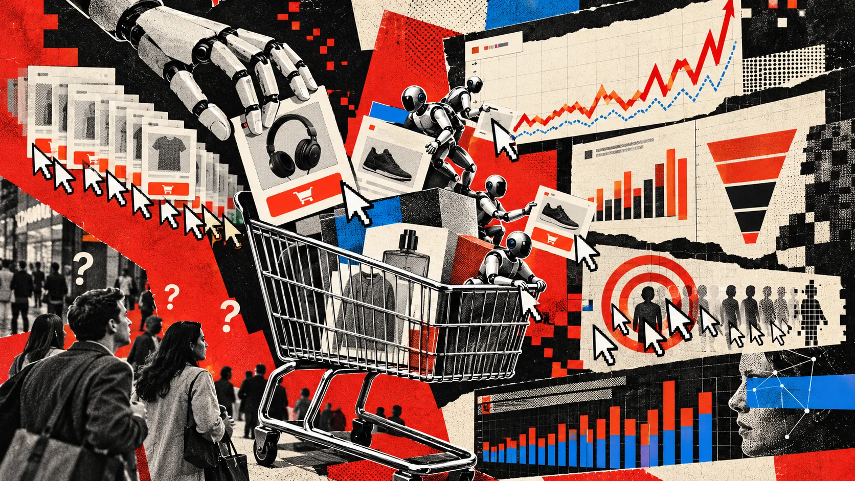 Conceptual collage with robots, cursors, shopping cart, and performance charts, symbolizing AI agents distorting e-commerce metrics.
