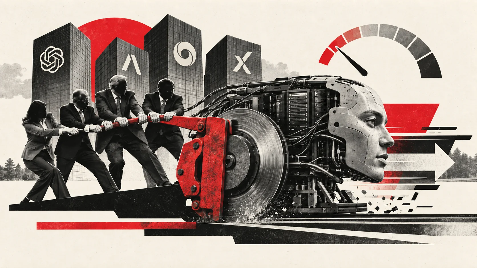 Conceptual collage of executives pulling a giant brake to slow a robotic AI machine.