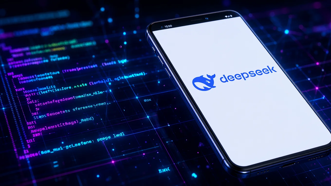 Smartphone with the blue DeepSeek logo on the screen, placed over a dark background with lines of code and digital graphic elements in blue and purple.