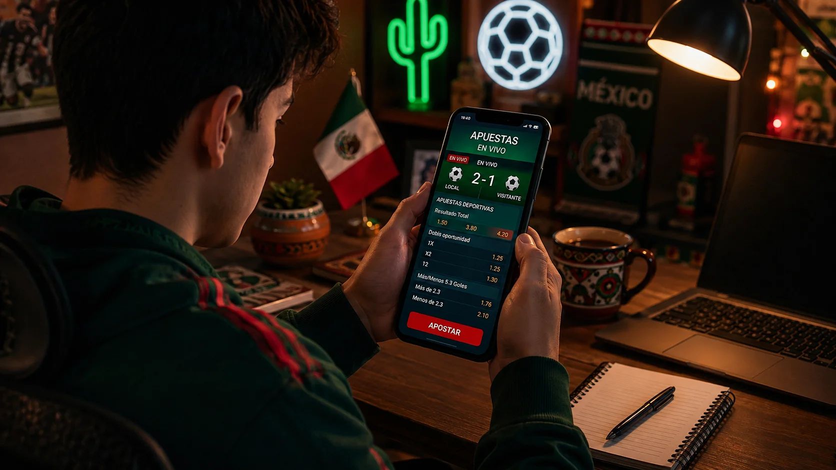 Young person holding a smartphone with a live sports betting platform in Spanish, in front of a table with a laptop and visual elements related to soccer and Mexico.