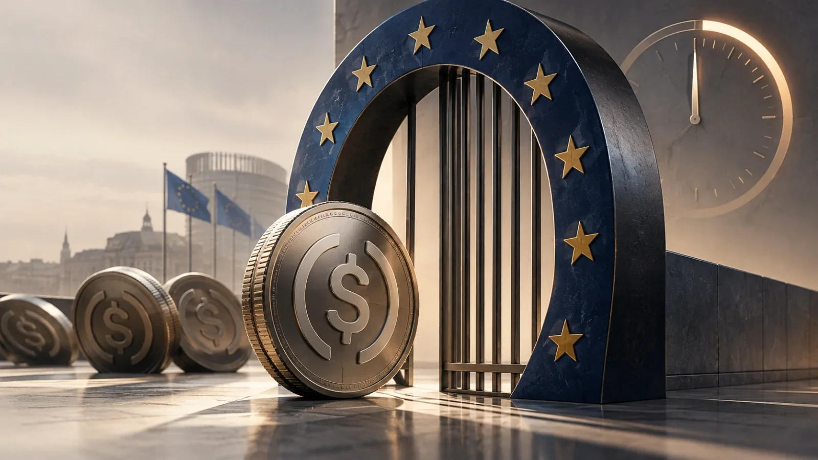 Stablecoins ante un portón bloqueado con símbolos de la Unión Europea y un reloj al fondo.
