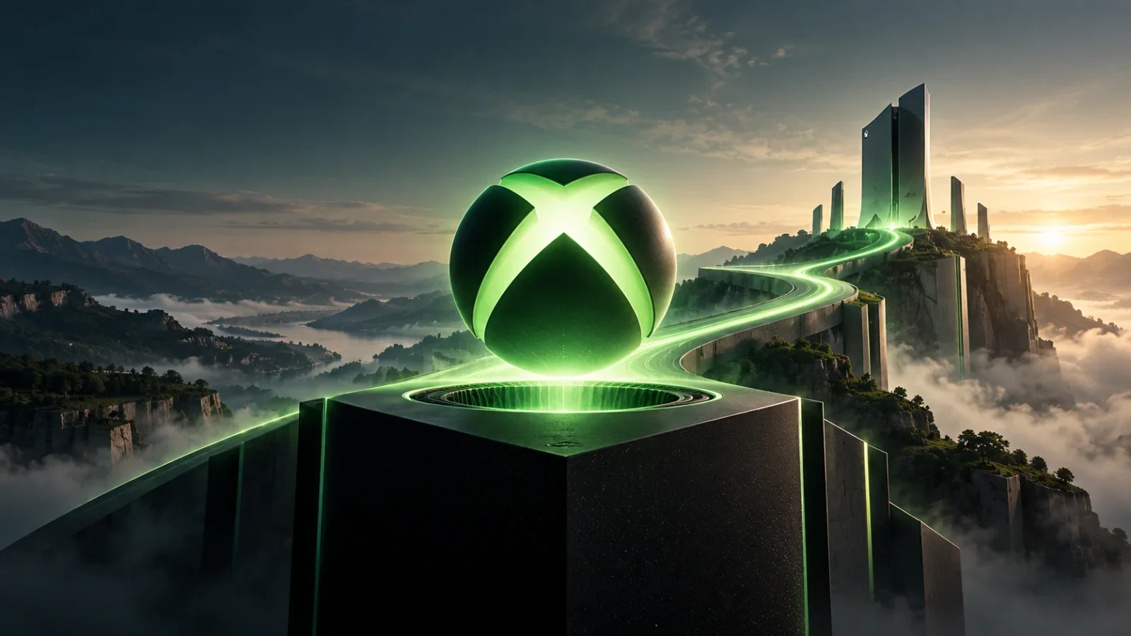 Xbox symbol over a console with an illuminated path toward the next generation.
