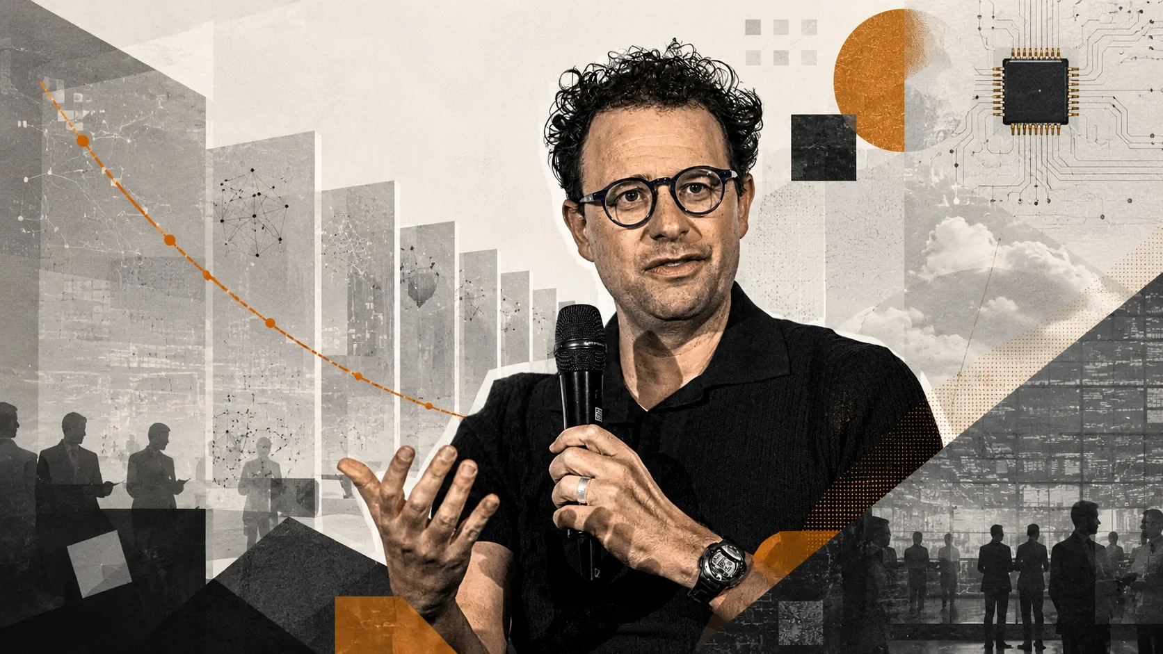 Dario Amodei in an editorial collage featuring elements of artificial intelligence, financial markets, and a declining chart, representing companies' pursuit of cheaper Anthropic models before a possible IPO.