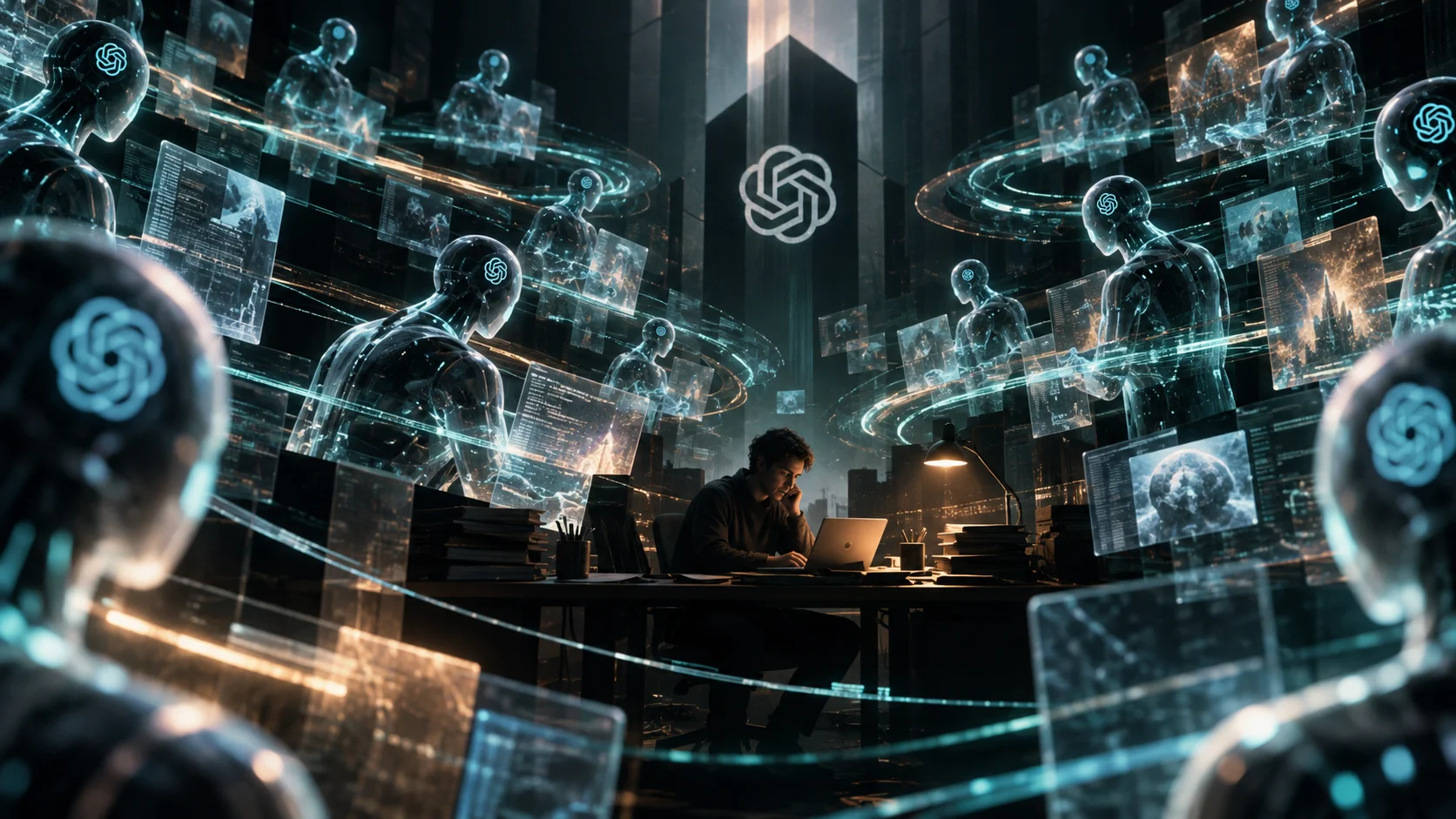 Conceptual illustration shows a researcher working in front of a laptop while several humanoid AI agents surround the researcher in layers, with holographic interfaces and the OpenAI symbol in the background, suggesting simultaneous work on a large scale.