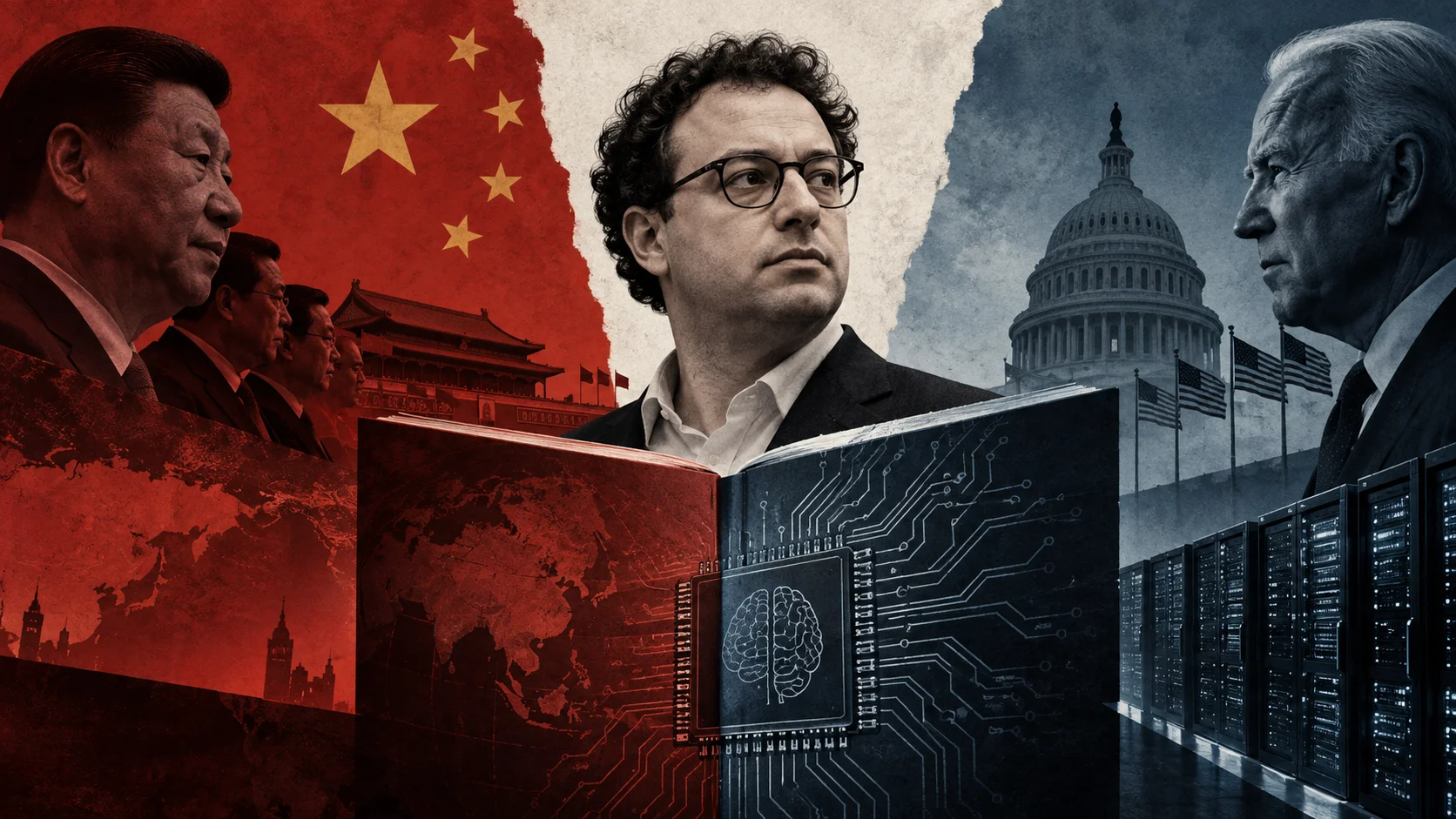 Editorial collage shows Dario Amodei among visual references to China and the United States, with chips, circuits and AI infrastructure symbolizing the technological dispute between the two countries.