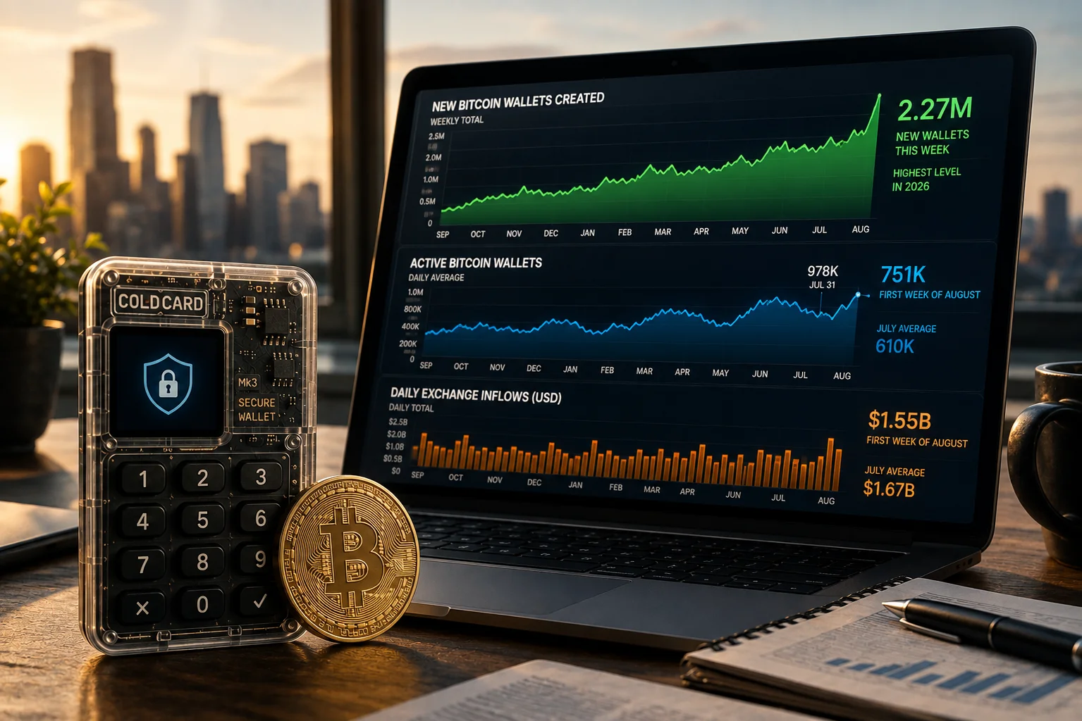 Coldcard hardware wallet next to a bitcoin and a panel showing a rise in new wallet creation and network activity.