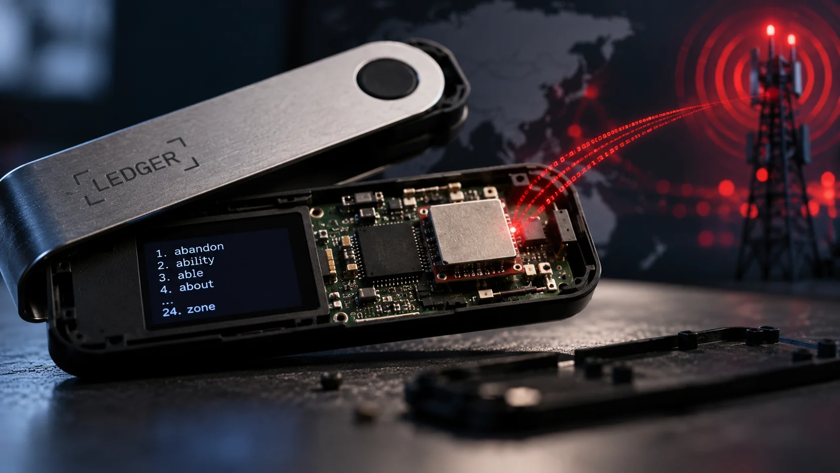 Open Ledger wallet with exposed circuits and data transmission to a cellular antenna.