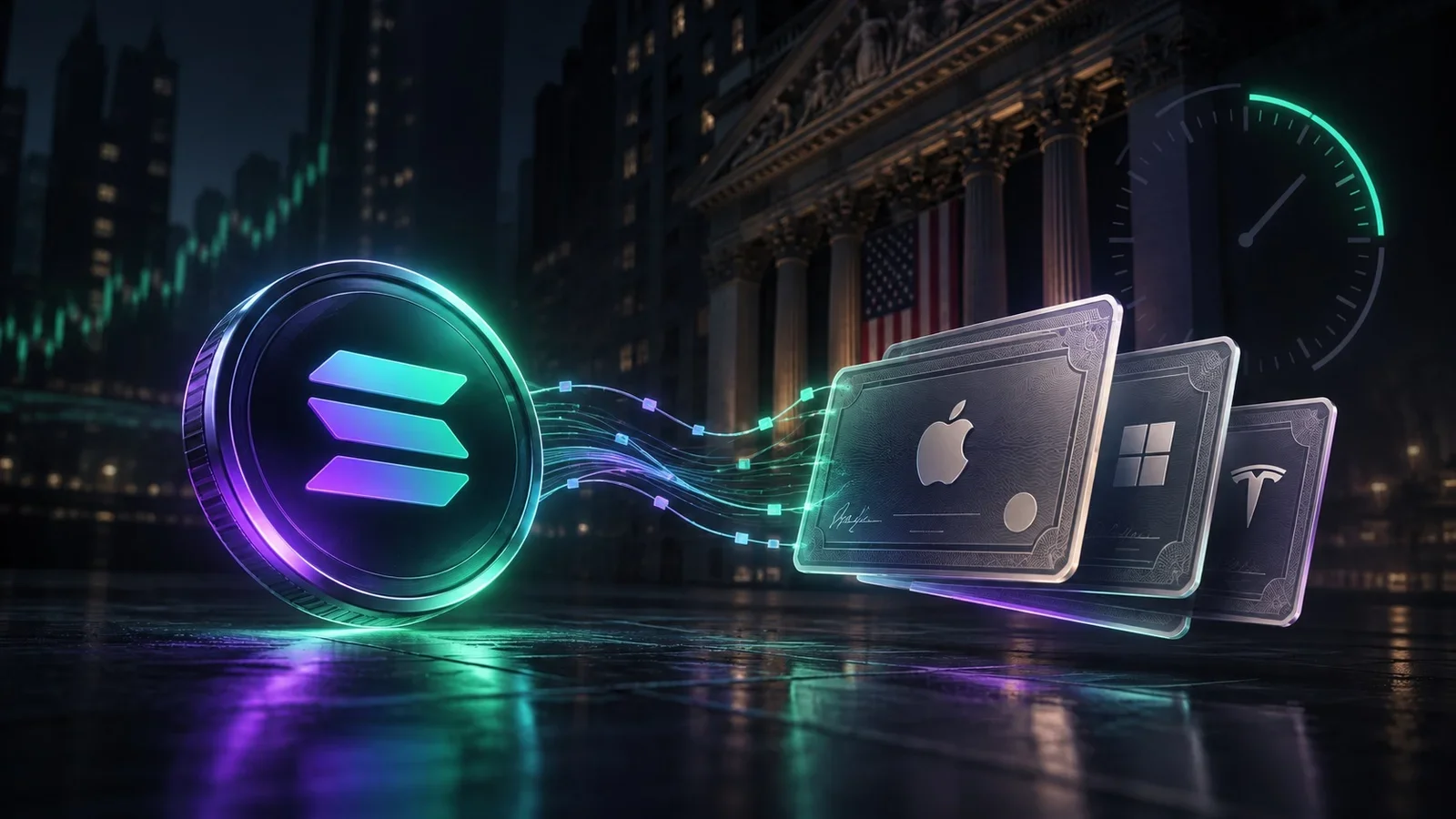 Token Solana conectado a acciones de empresas estadounidenses, con un reloj que simboliza los límites del horario de negociación.