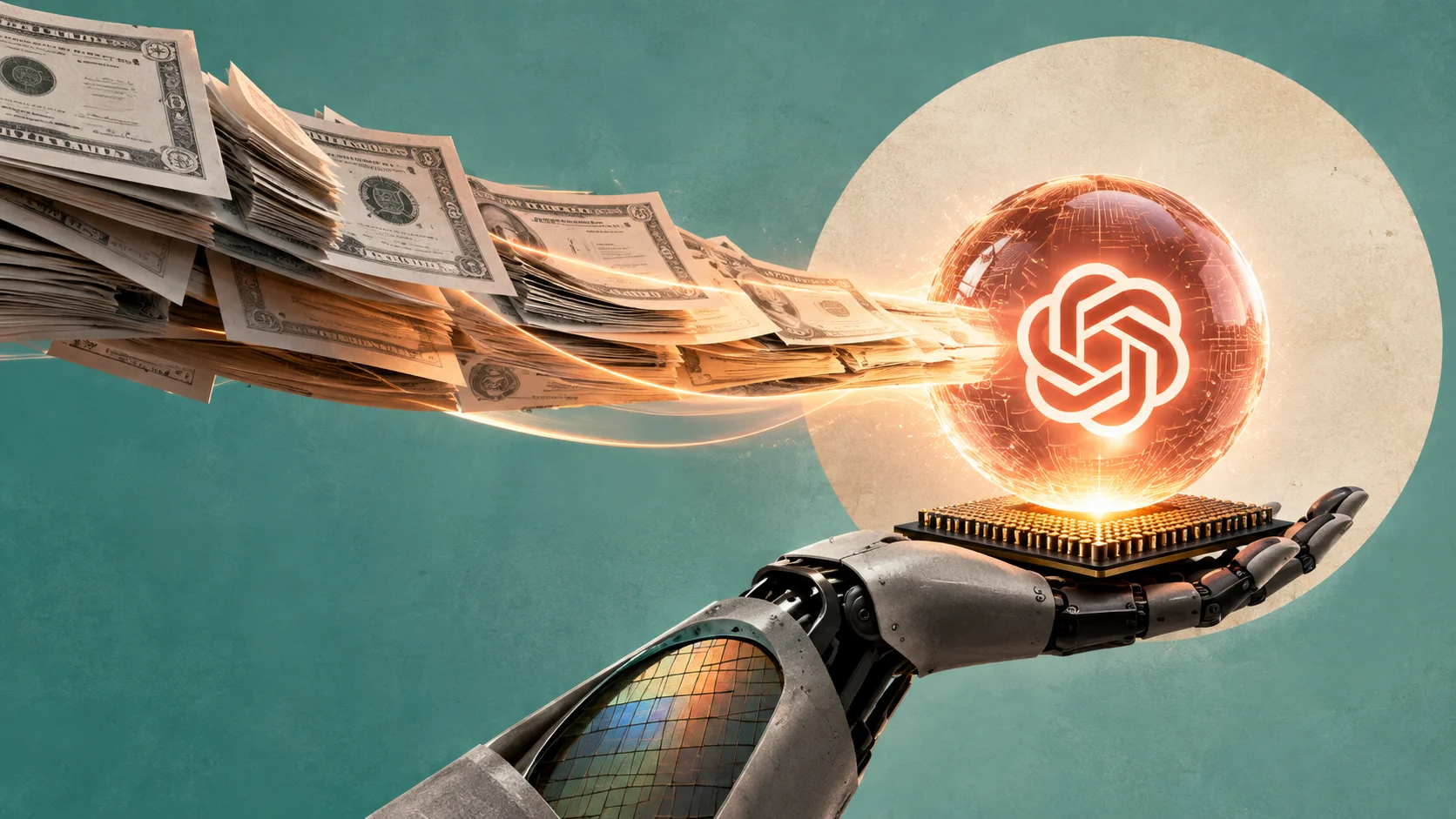 Ilustración conceptual muestra una corriente de títulos y valores financieros alimentando una esfera luminosa asociada a OpenAI, sostenida por una mano robótica sobre un chip, simbolizando el financiamiento de SoftBank con el respaldo de las acciones de Arm.