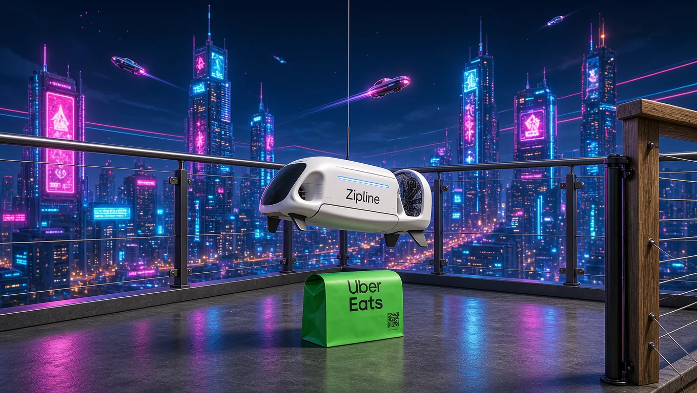 A white Zipline drone flies over a green Uber Eats package on a rooftop, in front of a futuristic city illuminated at night.
