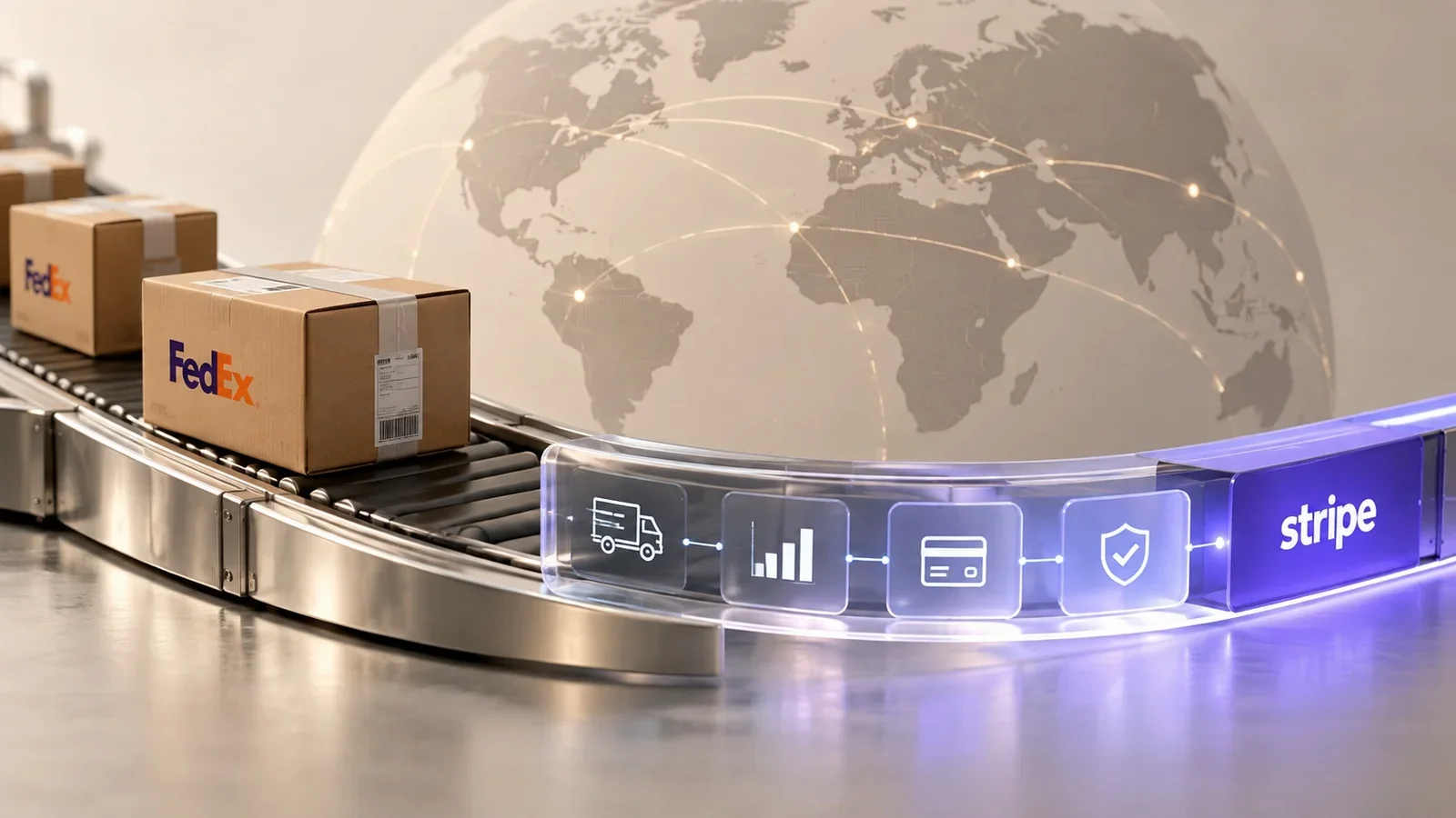 FedEx boxes on a conveyor belt connected to a Stripe digital interface.