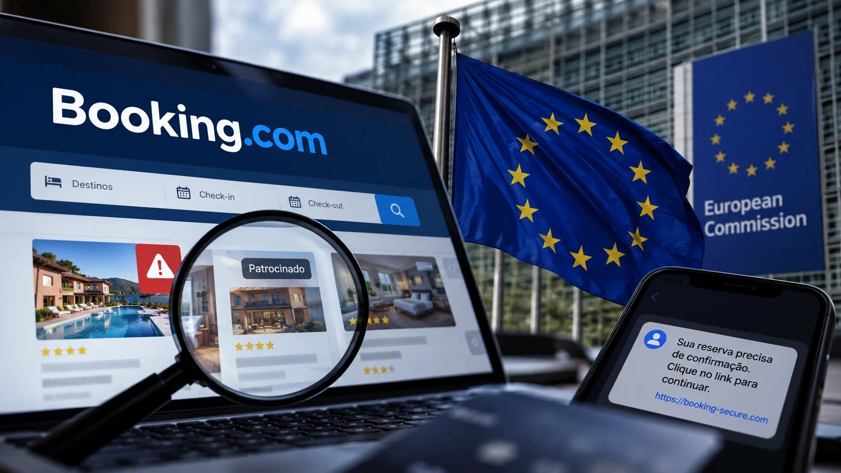 Montaje con Booking.com, la bandera de la Unión Europea, anuncios de alojamiento y un mensaje sospechoso de phishing.