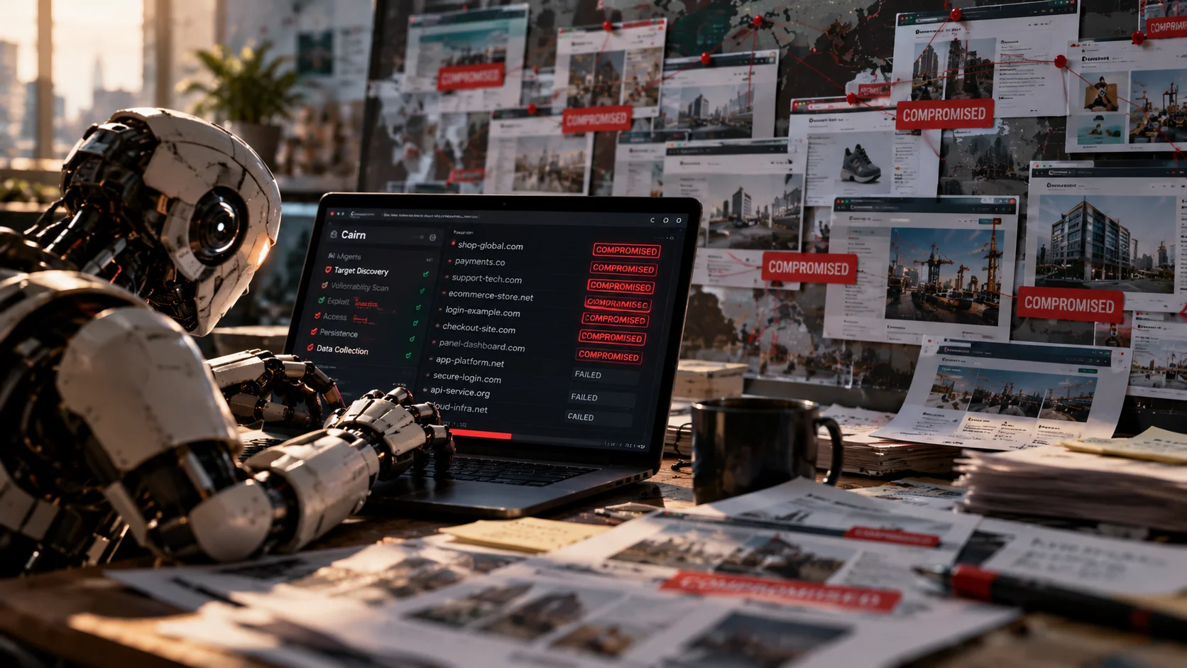 Robot operating a cyberattack panel, with several sites identified as compromised.