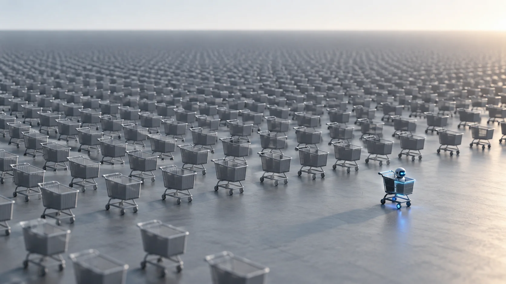 Shopping carts in a row, with a single cart highlighted by AI elements, symbolizing the low share of artificial intelligence agents in e-commerce.