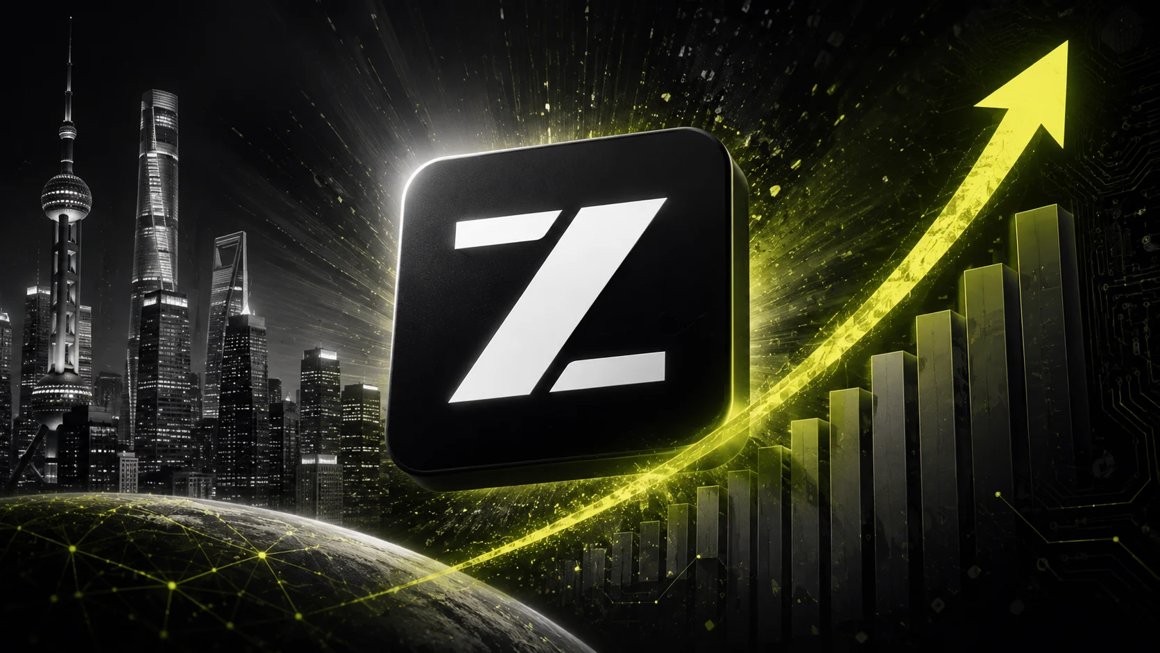 Z.ai symbol on a black block, in front of growth bars and a green upward arrow, with an urban skyline in the background.