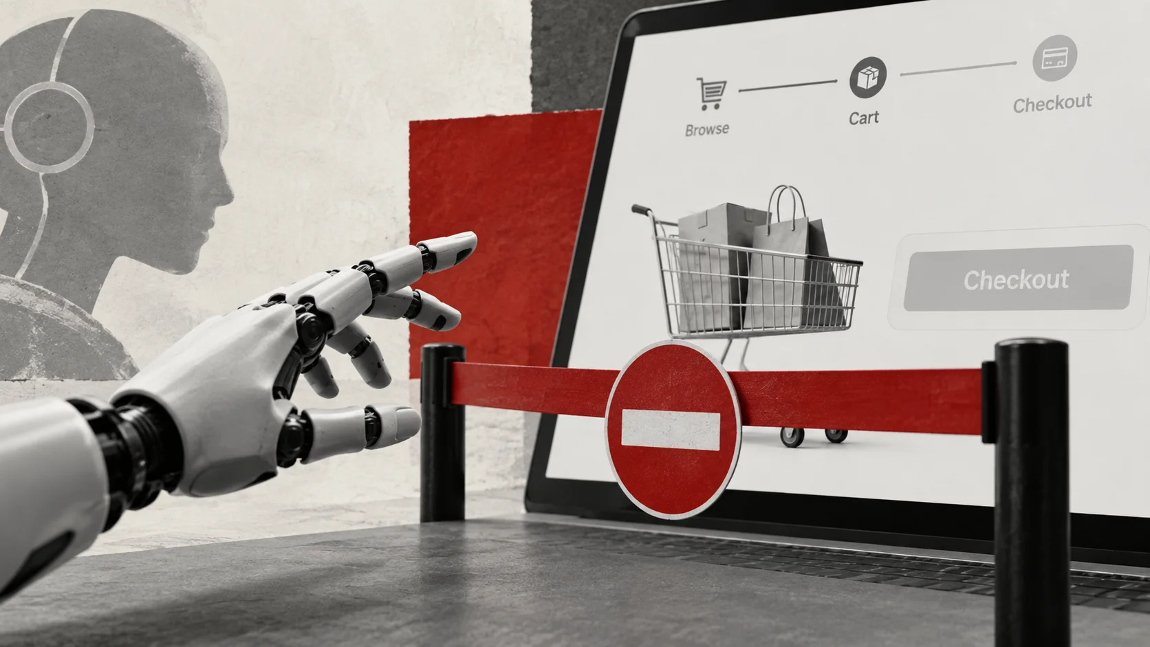 Robotic hand tries to reach an e-commerce screen with a cart and checkout button, blocked by a red barrier and a prohibition sign.