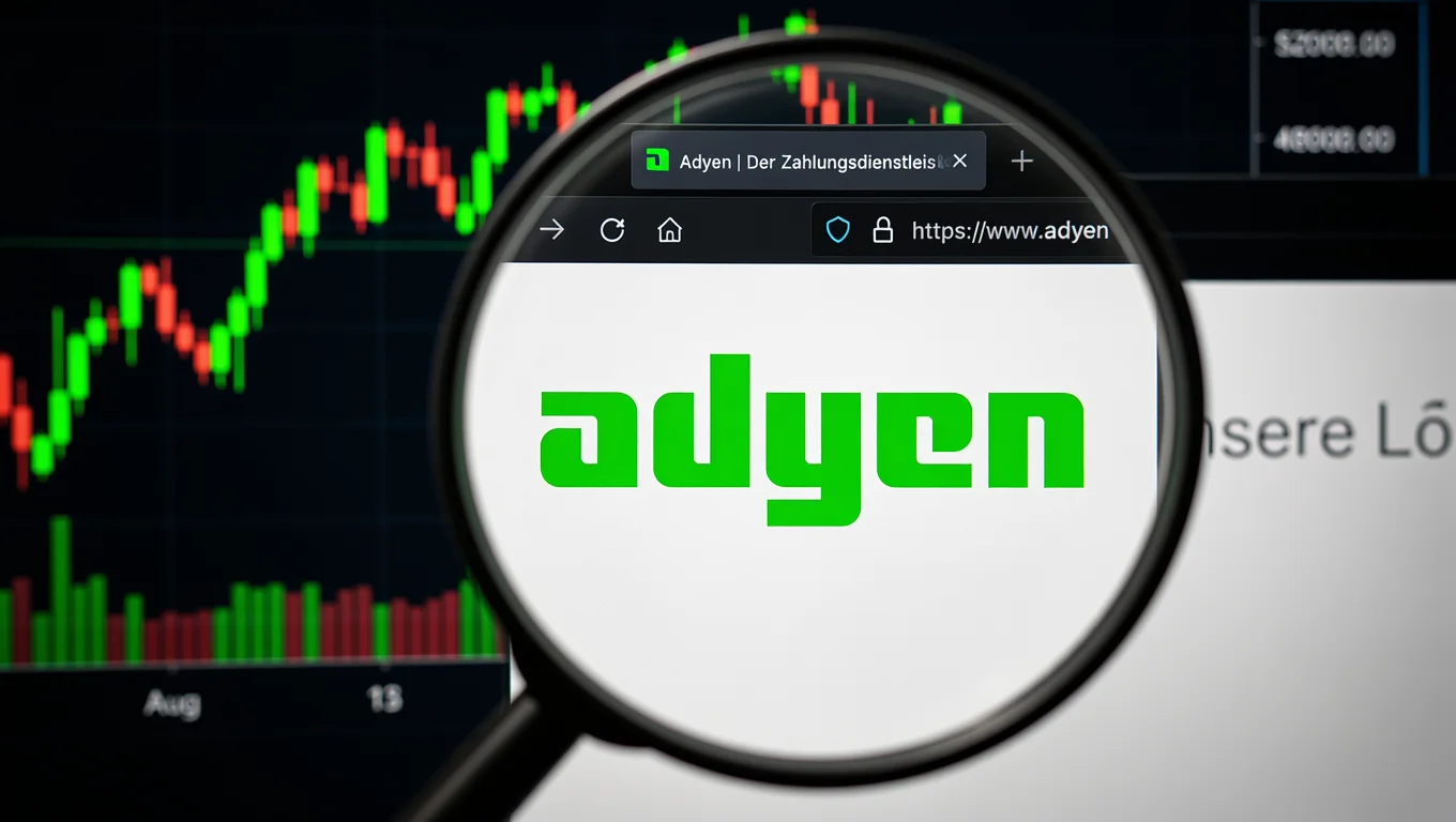 Green Adyen logo magnified by a magnifying glass over a browser screen, with a financial chart in red and green in the background.