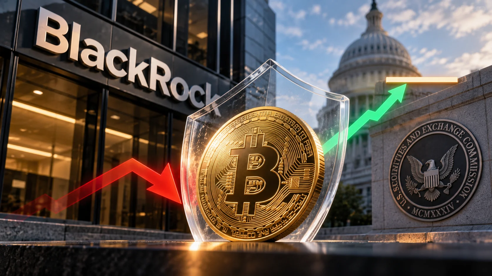 Bitcoin protegido por un escudo transparente, con logotipos de BlackRock y de la SEC al fondo.