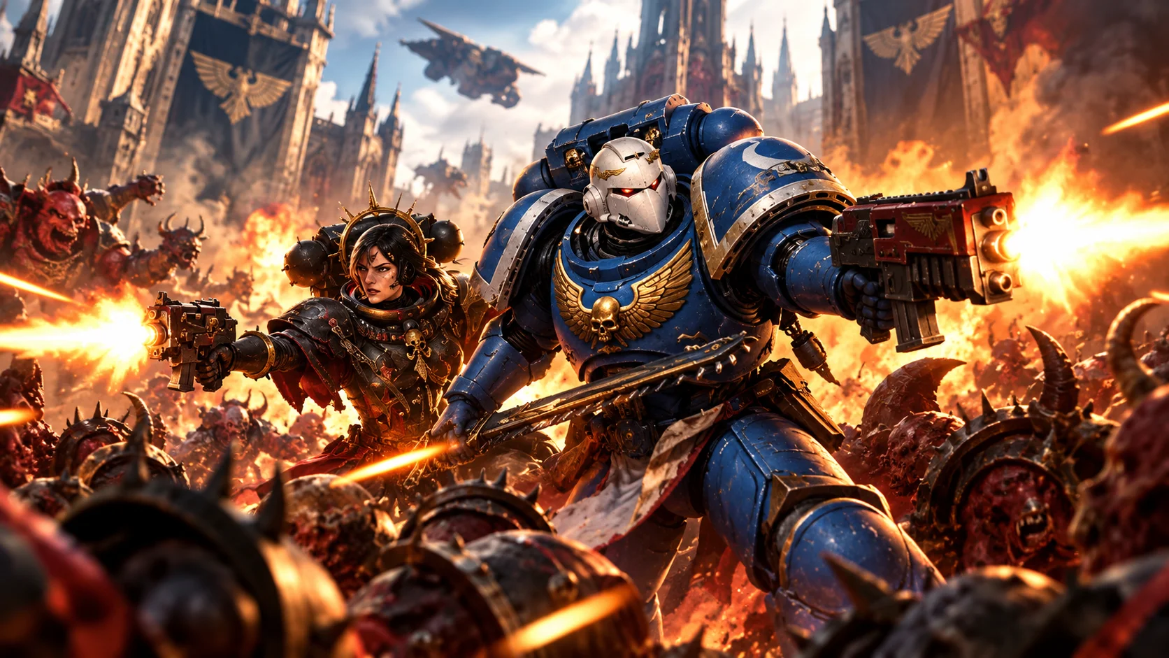 Space Marine e guerreira enfrentam forças do Chaos em cenário de batalha de Warhammer 40K.