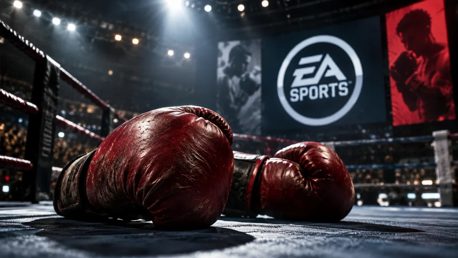 Luvas de boxe sobre um ringue, com o logotipo da EA Sports ao fundo.