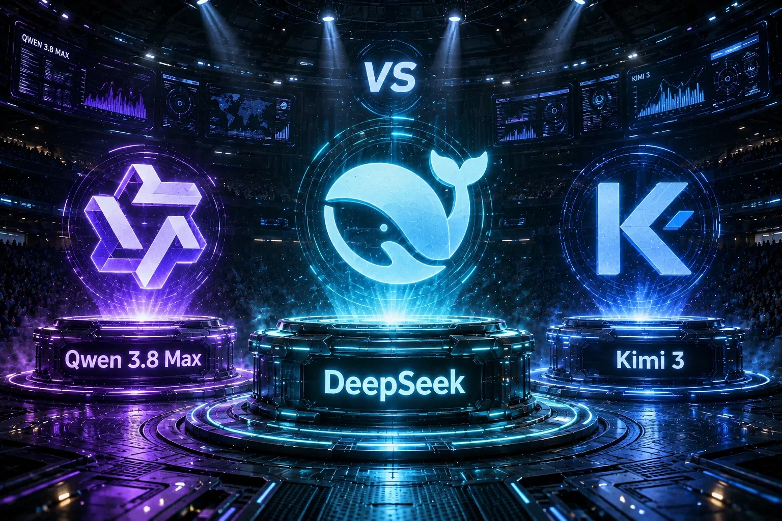 DeepSeek at the center in a futuristic artificial intelligence arena, competing with Qwen 3.8 Max and Kimi 3 on illuminated holographic platforms.
