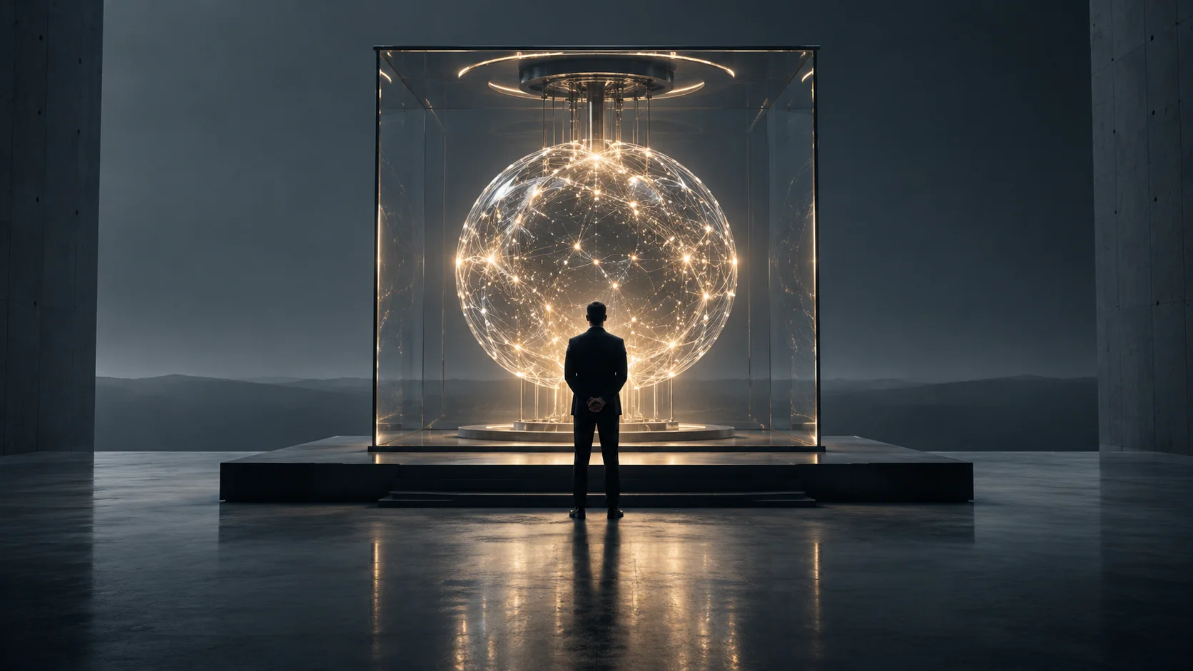Man observes an artificial intelligence core contained in a transparent structure, symbolizing human oversight and control.