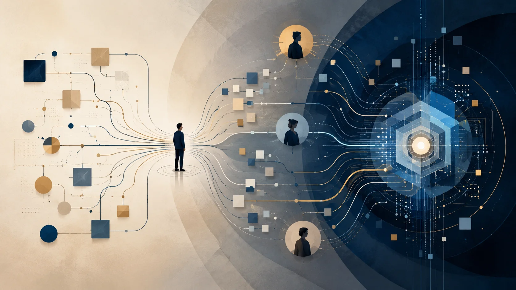 Worker at the center of an abstract network of flows and tasks, with some connections directed to other people and a large part converging on a digital core representing artificial intelligence.