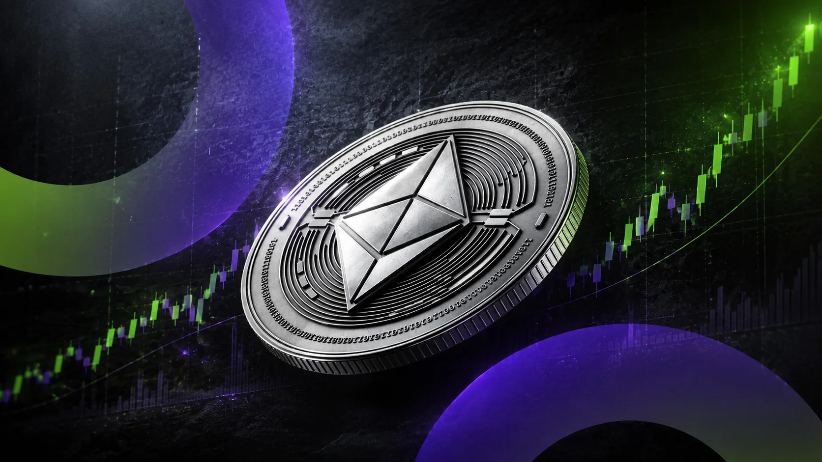 Metallic coin with the Ethereum symbol against a dark background, in front of a green candlestick chart in a strong uptrend.