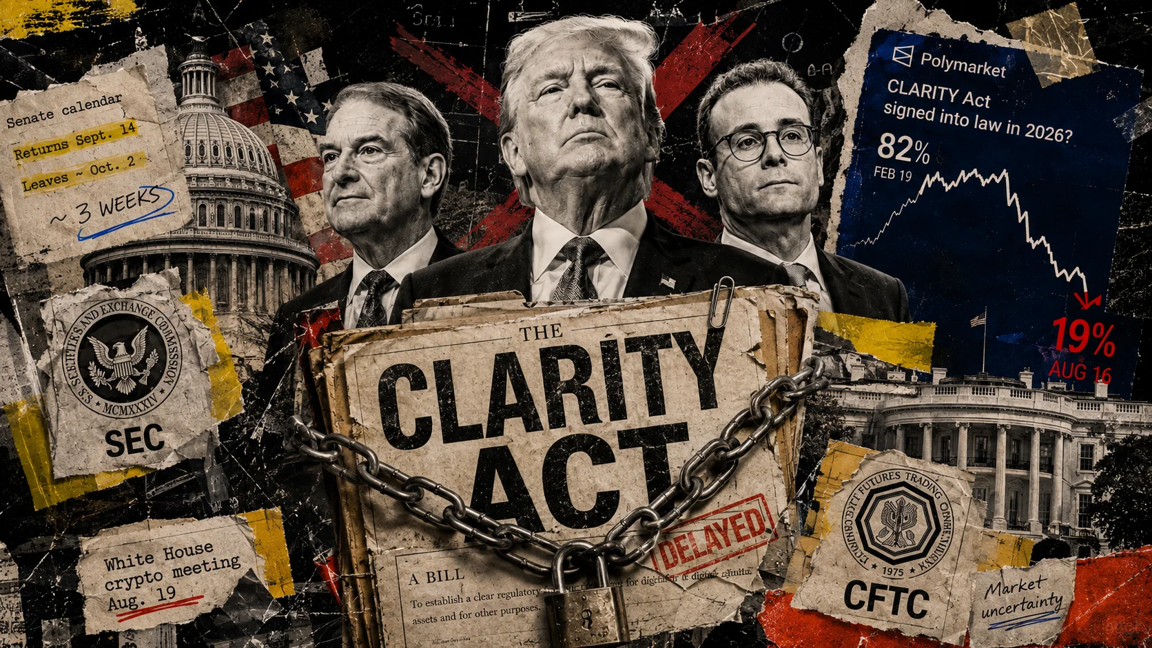 Editorial collage shows three American authorities in front of the Capitol and the White House, with the text “CLARITY ACT” chained up, SEC and CFTC symbols, and a chart indicating a drop in expectations for the law’s approval.